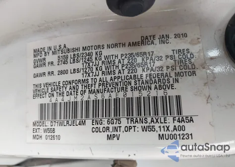 2010 Mitsubishi Endeavor Ls z USA, uszkodzony, nr VIN 4A4JM2AS6AE015216